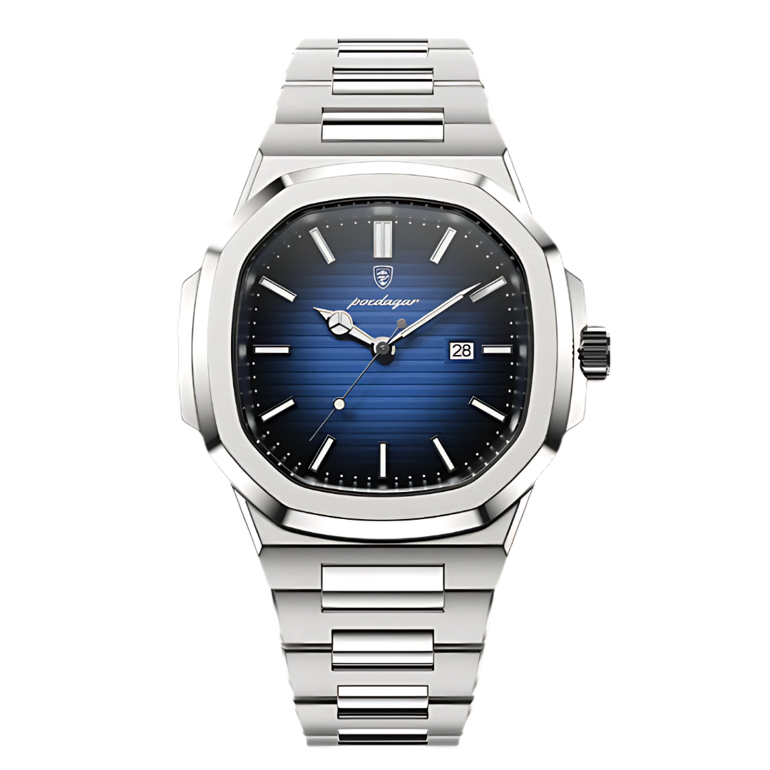 Silver watch with blue dial on a white background. Poedagar Nautilus Blue