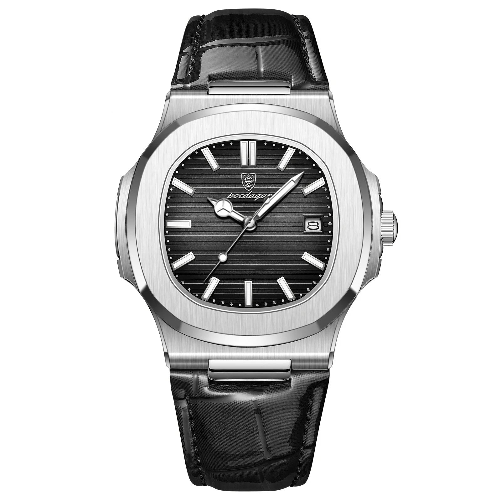 Atlas watch with black leather strap and silver case on a white background