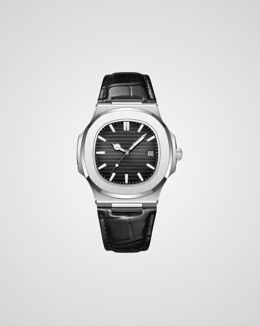 Men's watch with black face and leather strap on a light gray background