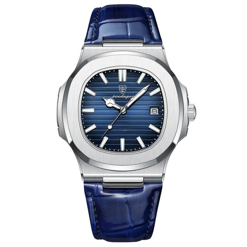 Blue watch with silver case on a white background, featuring the Estamo brand.