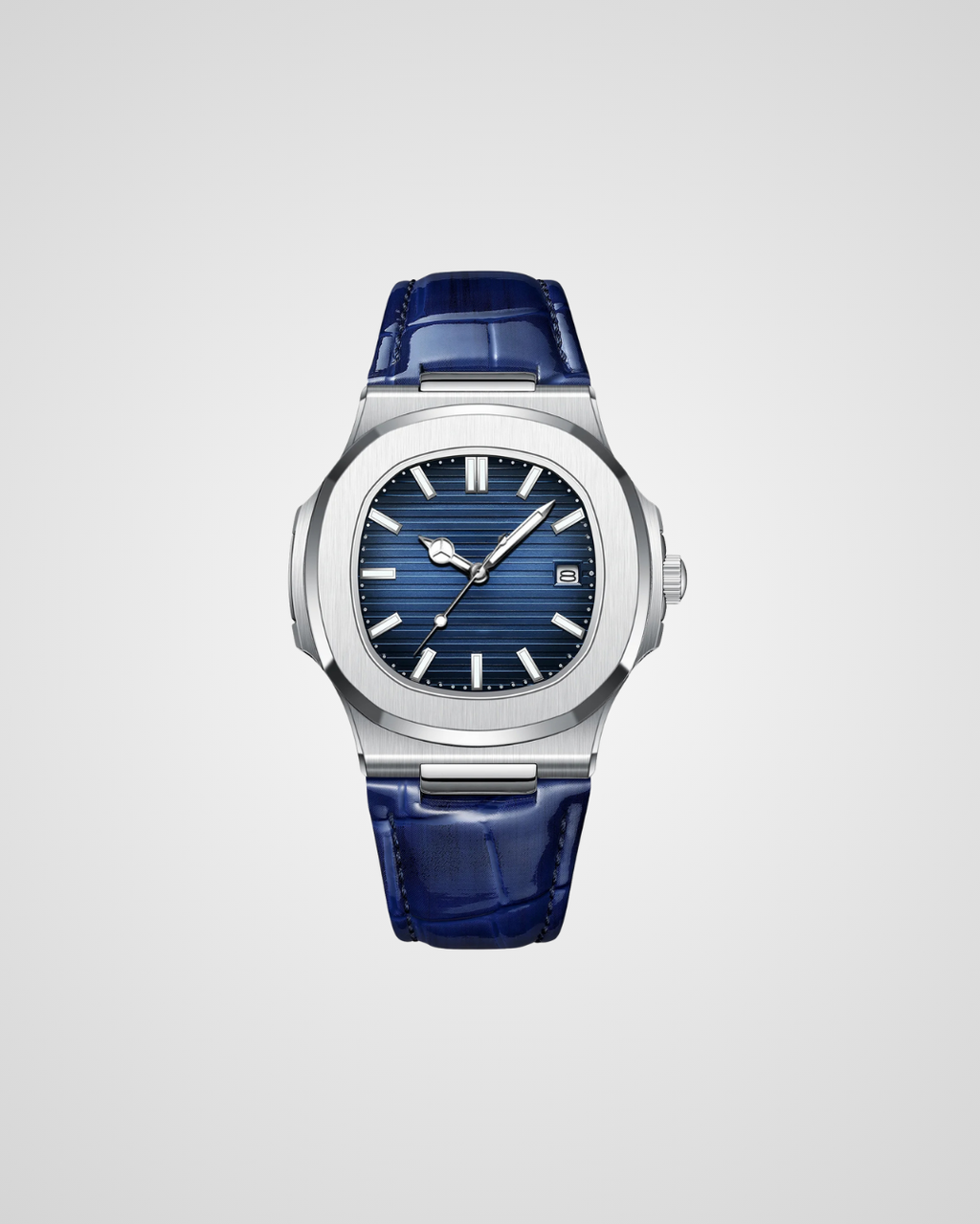 Watch with blue strap and blue dial on a light gray background
