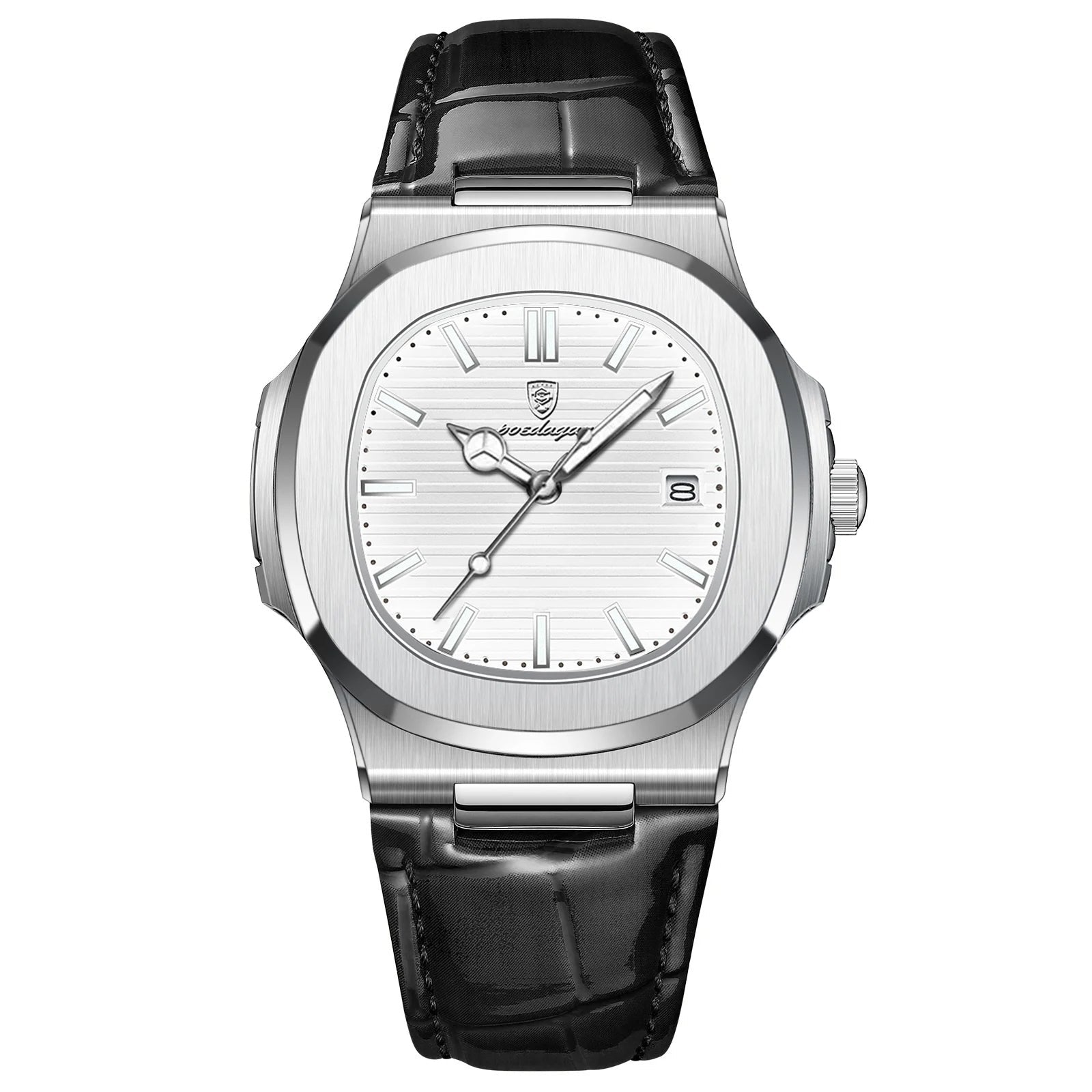 Estamo Atlas watch with black leather strap and silver case on a white background