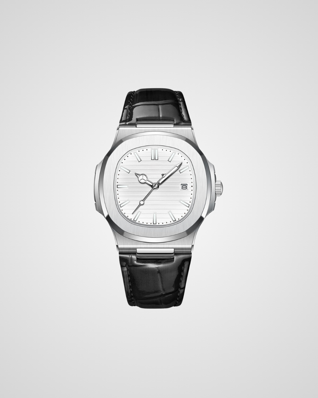 Silver watch with black leather strap on a light gray background