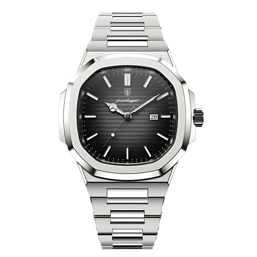 Silver watch with black dial on a white background. Men's luxury stainless steel watch. Nautilus made by Poedagar for Estamo.