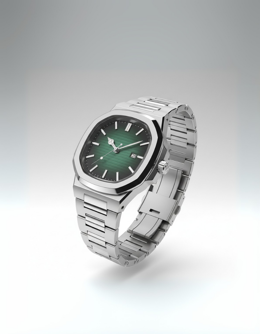 Silver watch with a green face on a light gray background