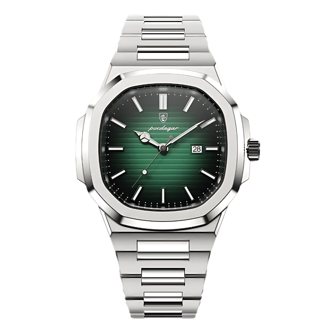 Watch with green face and silver metal strap on white background. Green Nautilus Poedagar Estamo Luxury and affordable watch for men