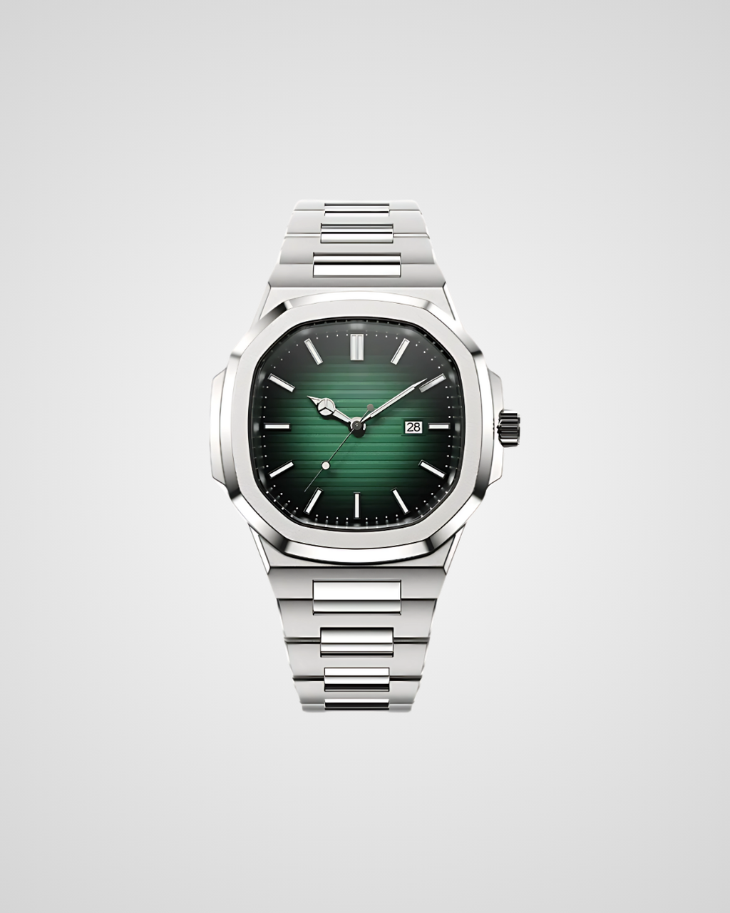 Silver watch with a green face on a light gray background