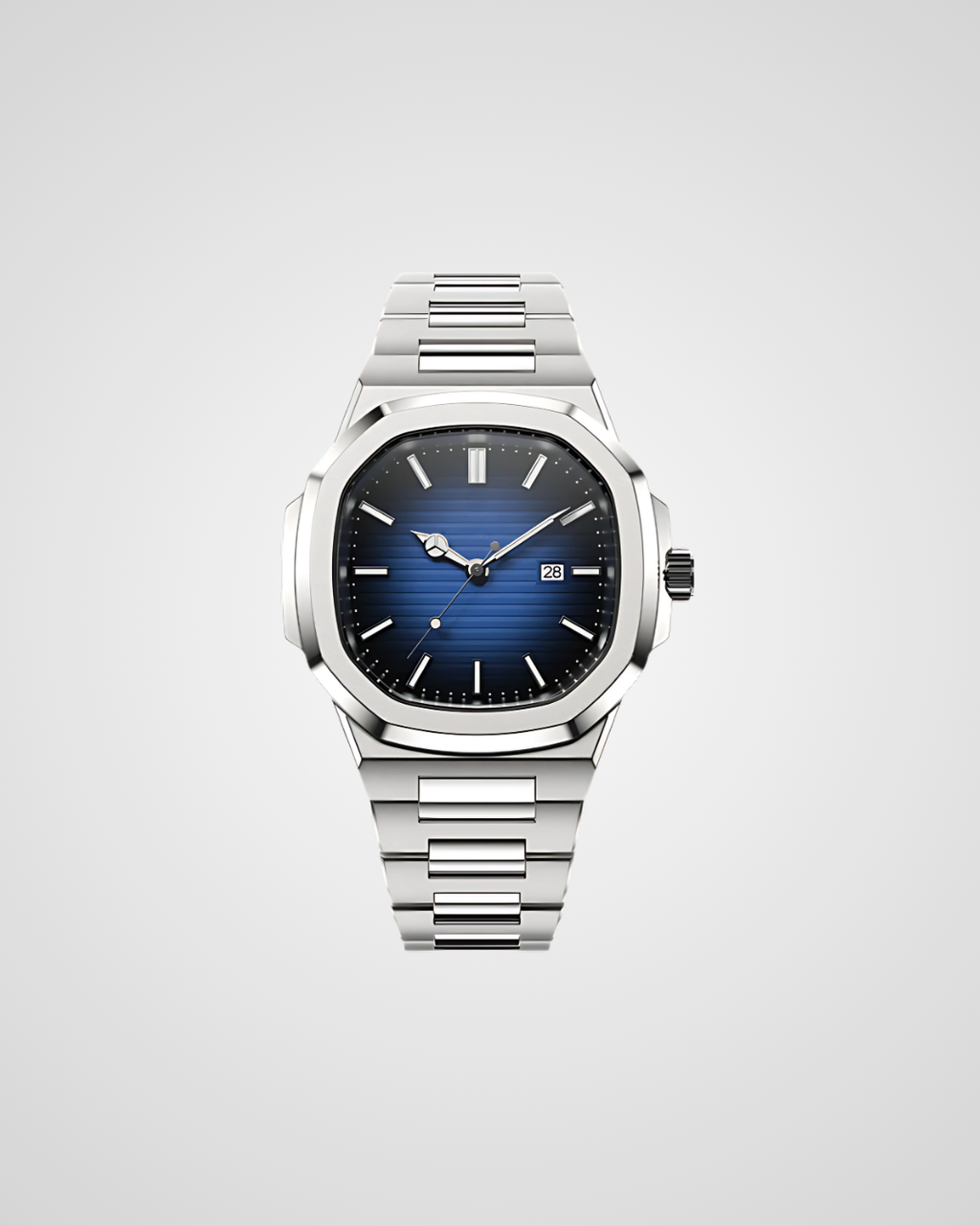 Silver watch with a blue face on a light gray background