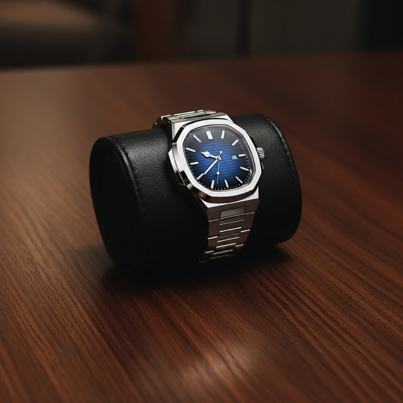Silver watch with a blue face on a black leather stand against a wooden background