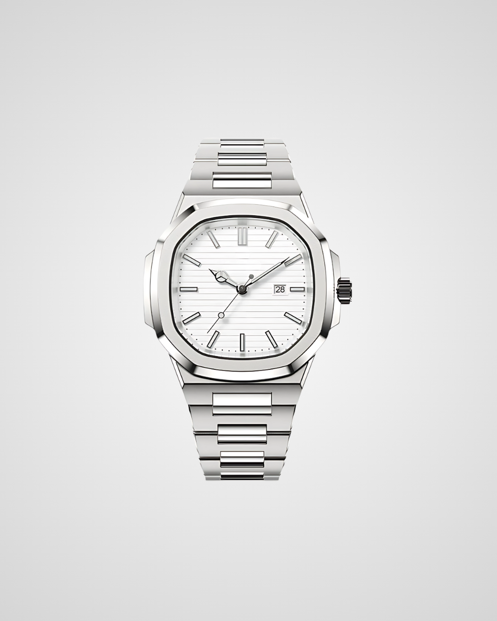 Silver watch with a white face on a light gray background
