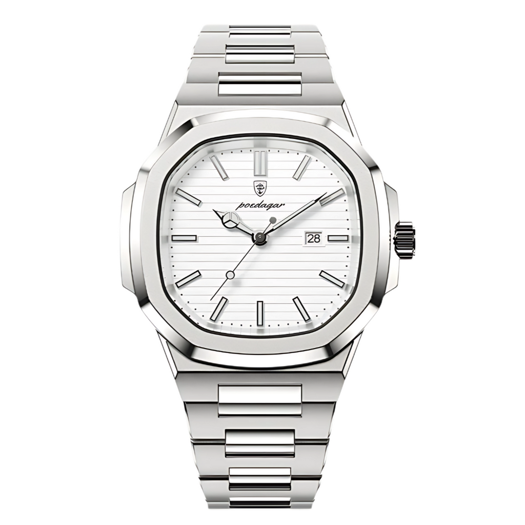 Silver watch with a white face on a white background. Men's luxury stainless steel waterproof watch. Nautilus made by Poedagar for Estamo