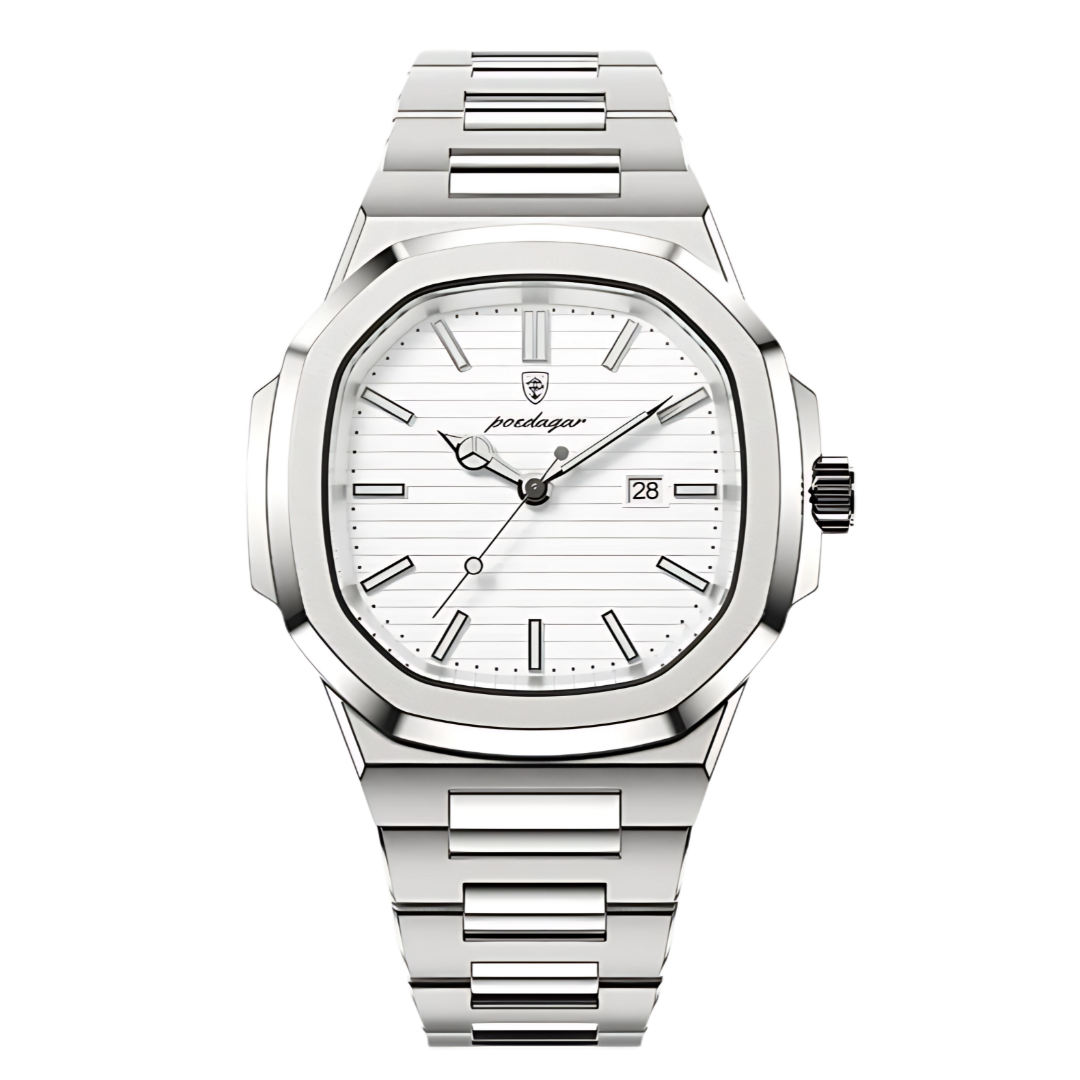 Silver watch with a white face on a white background. Men's luxury stainless steel waterproof watch. Nautilus made by Poedagar for Estamo