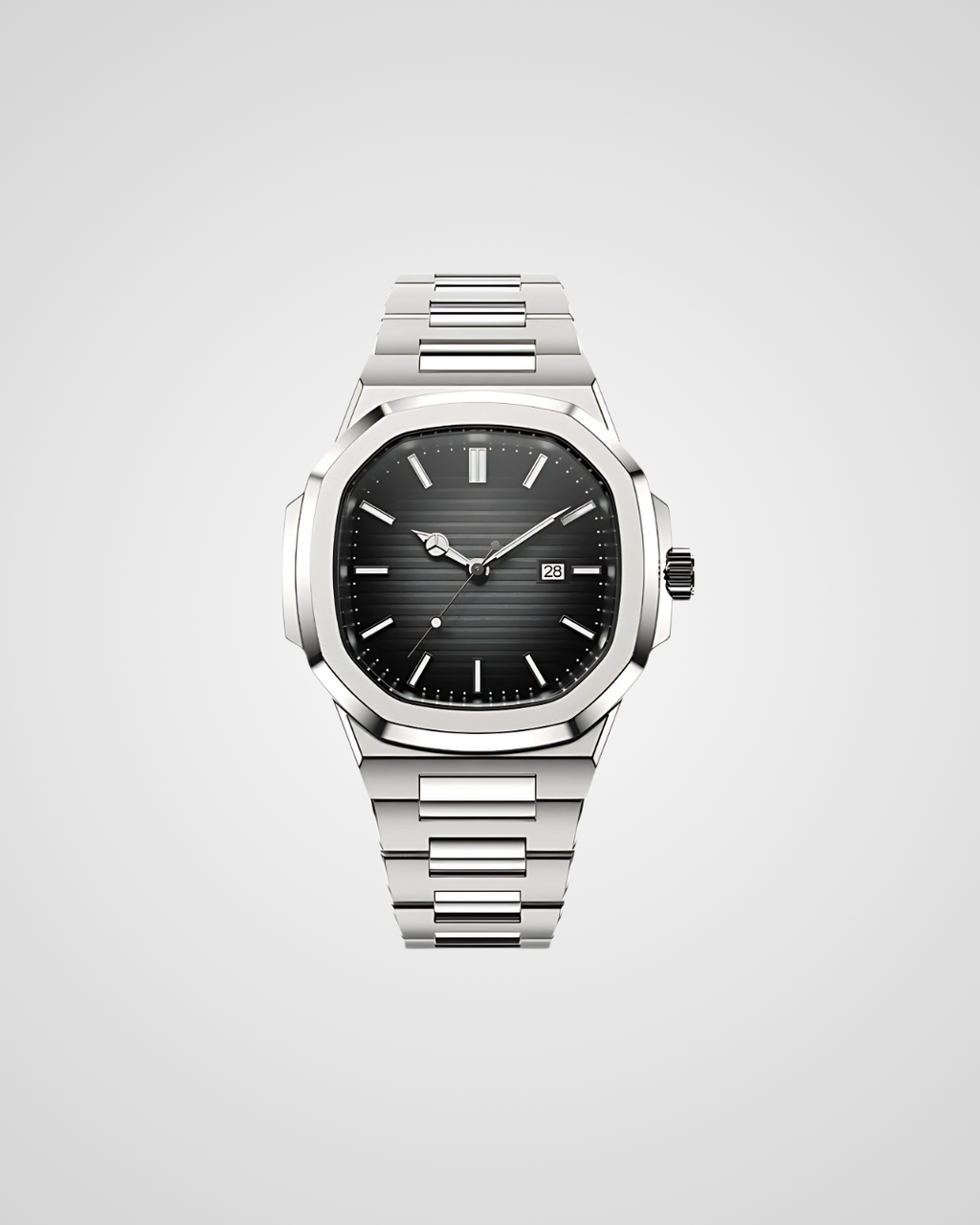 Silver watch with black dial on a light gray background
