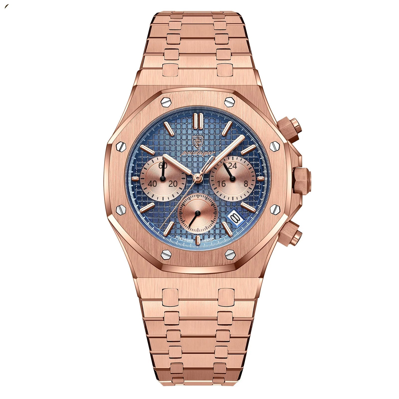 Rose gold watch with blue face and Estamo logo at the top