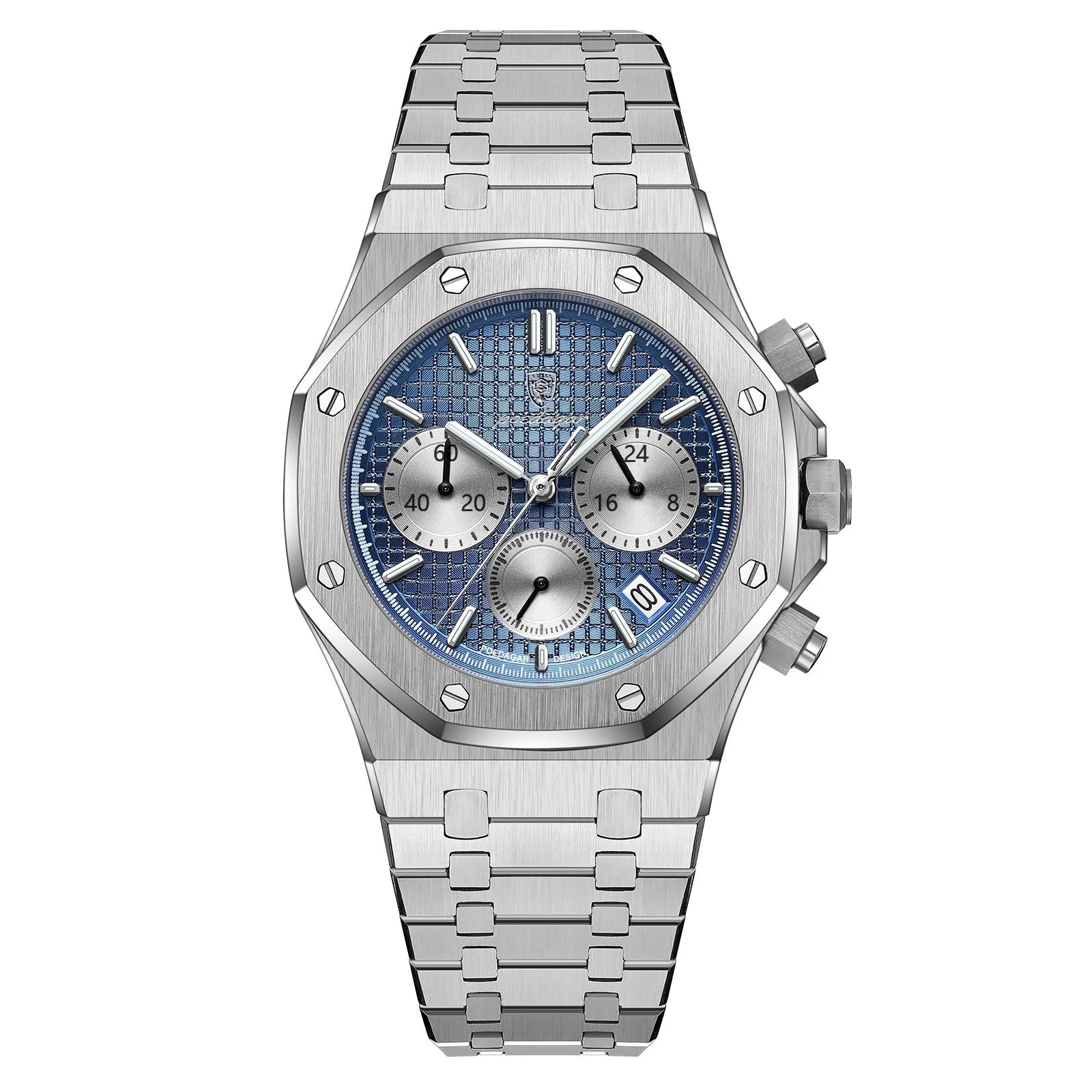 Silver watch with blue face on a white background, featuring the Estamo brand logo.