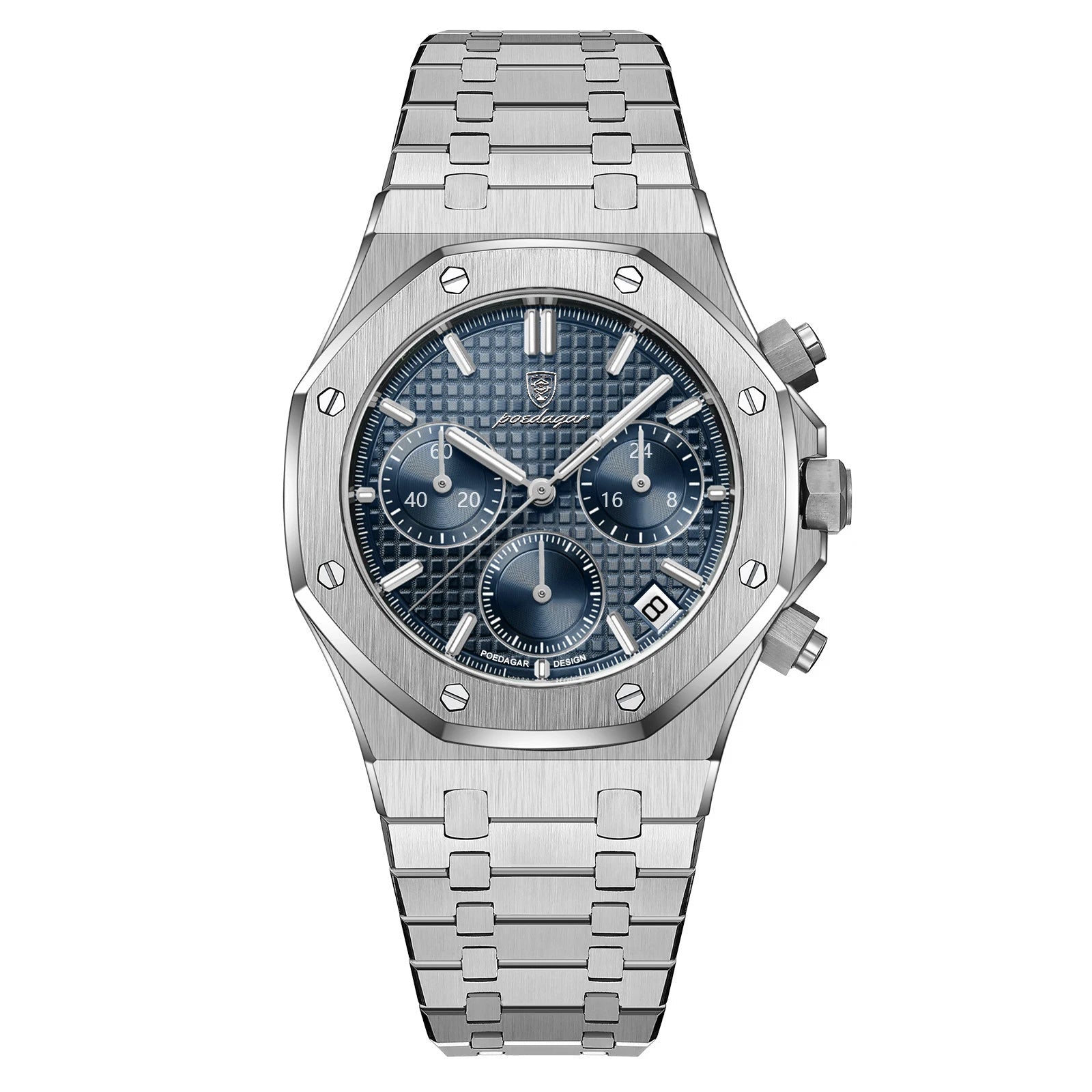 Silver watch with blue face on a white background, featuring the Estamo brand.