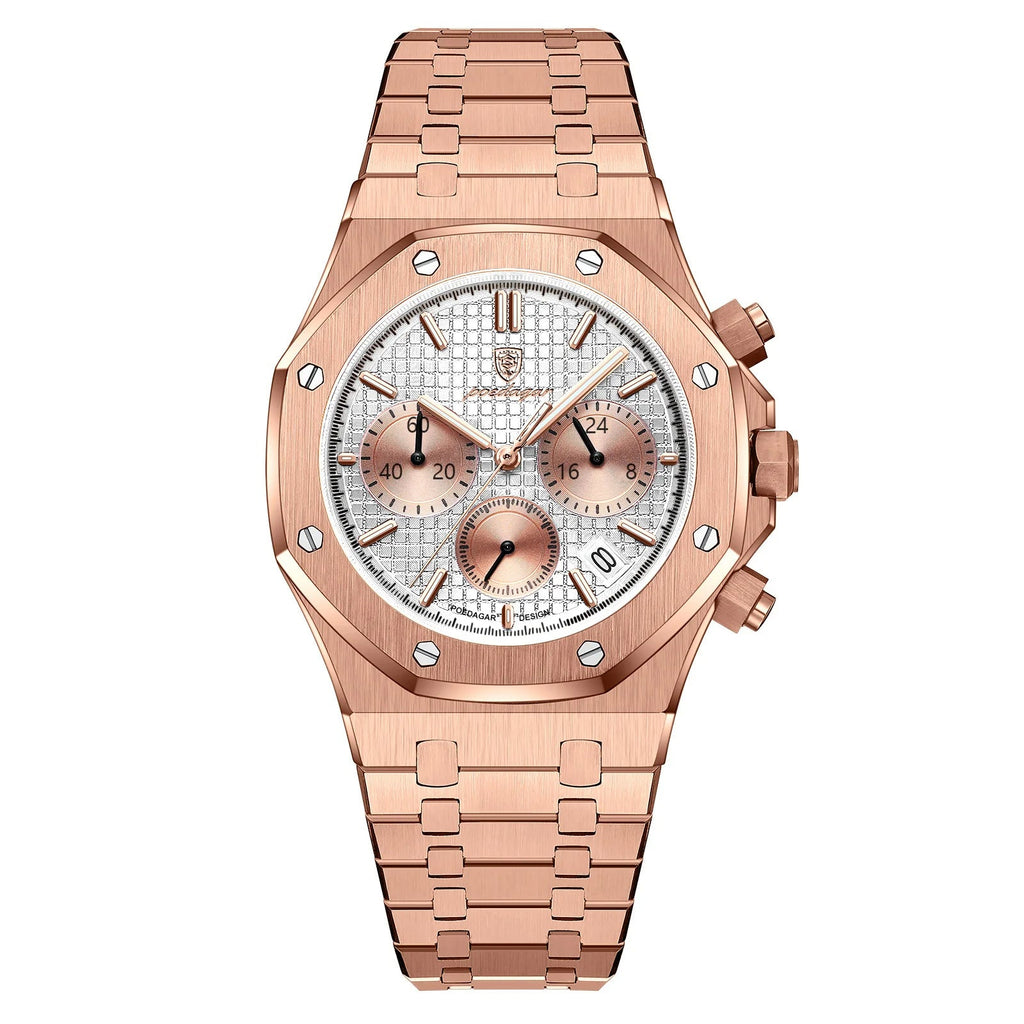 Rose gold watch with detailed face on a white background, featuring the Estamo brand.