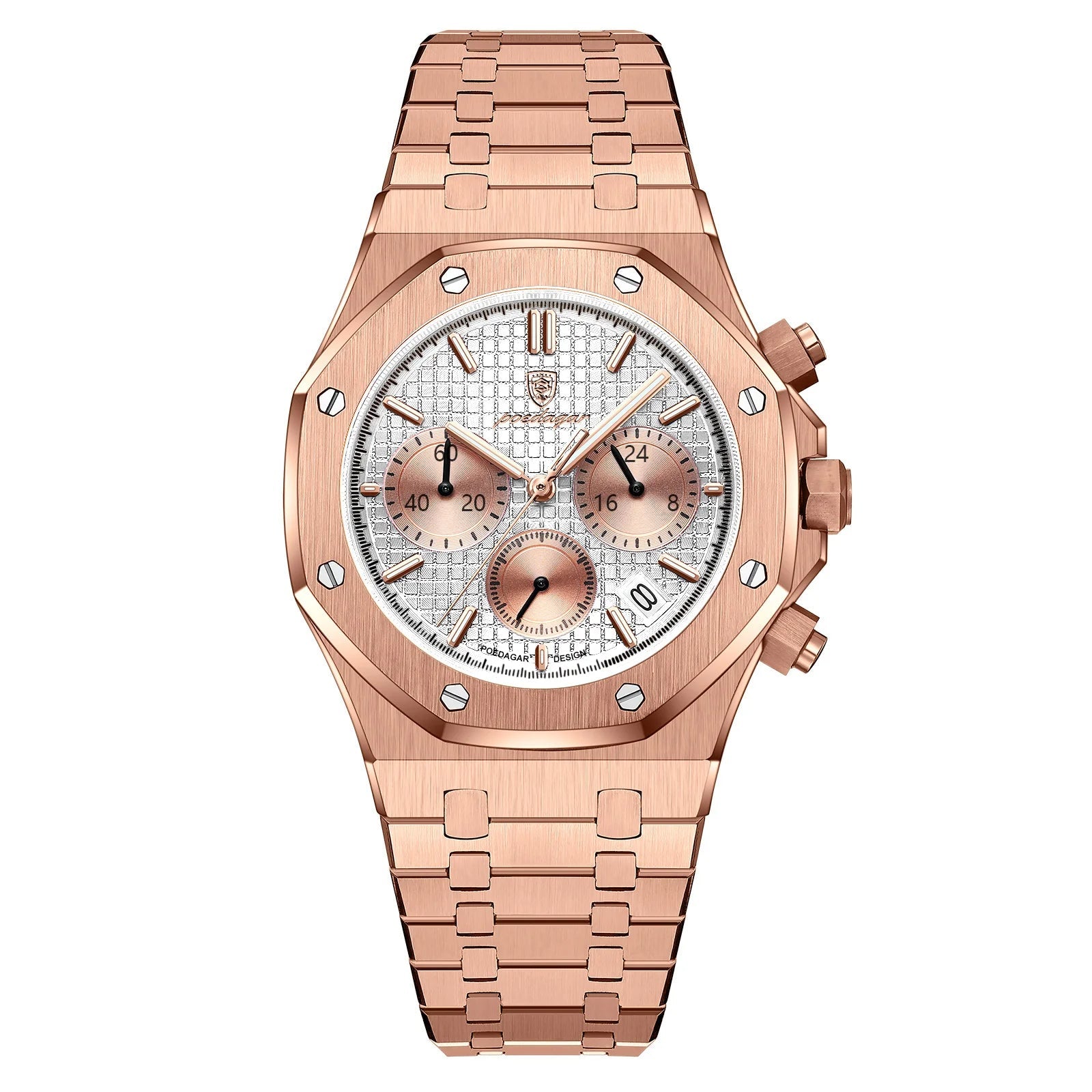 Rose gold watch with detailed face on a white background, featuring the Estamo brand.