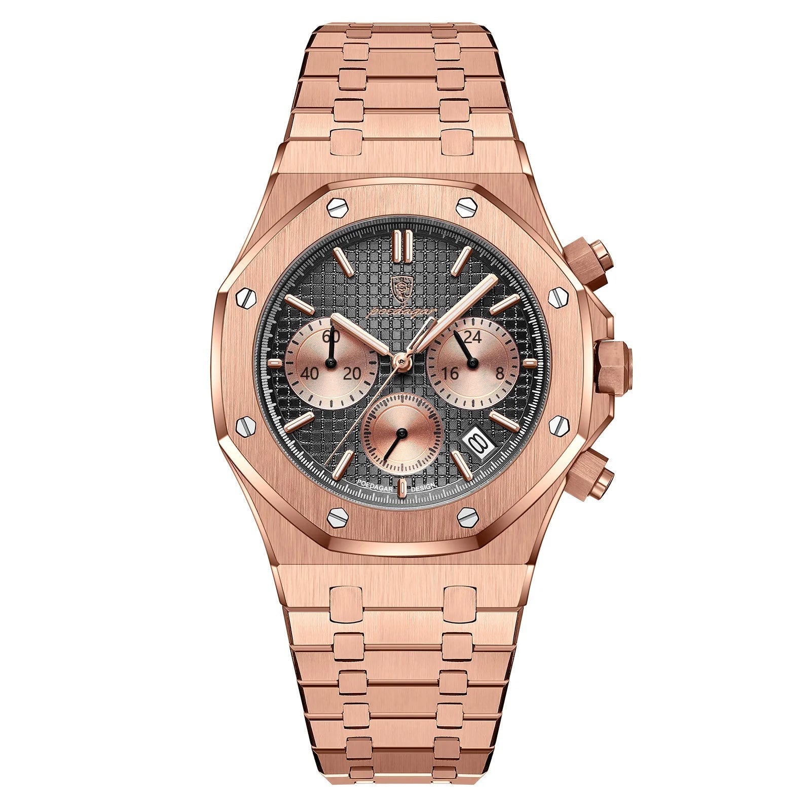Rose gold watch with detailed face on a white background, featuring the Estamo brand.