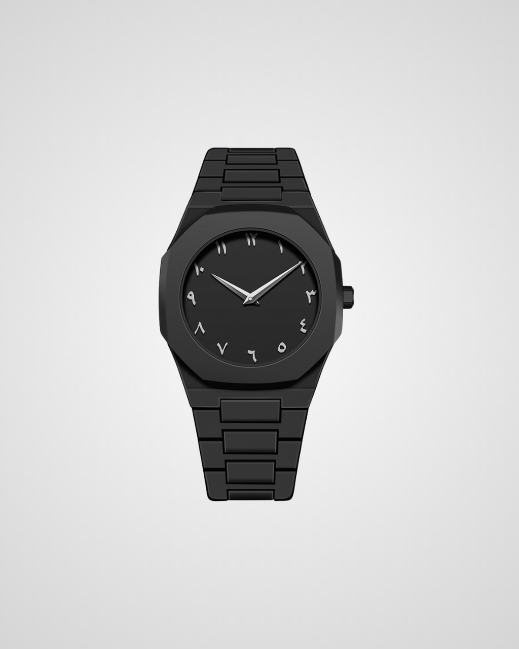 Black watch with a minimalist design on a light gray background
