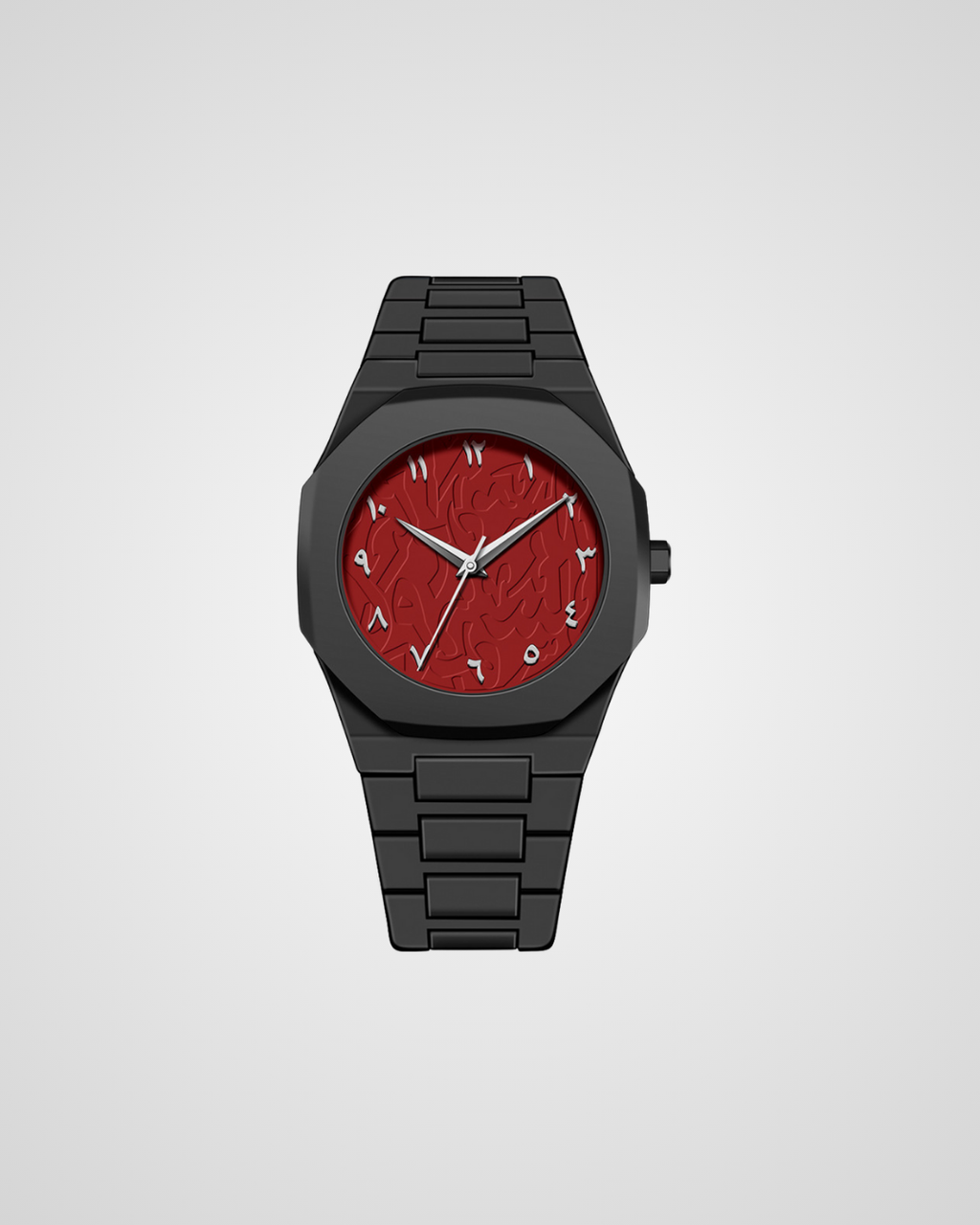 Black watch with a red face on a light gray background