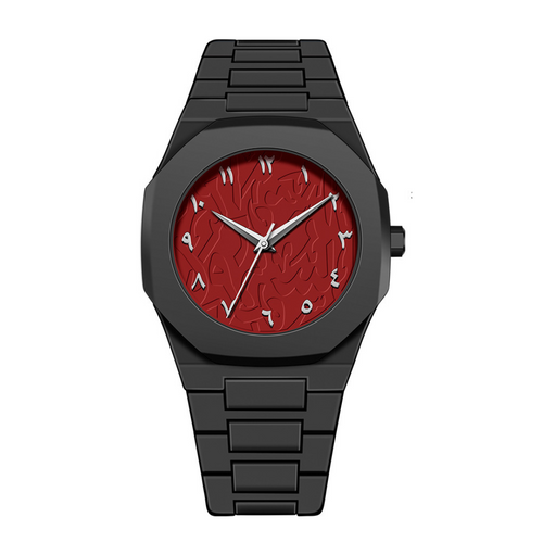 Black Arabic watch with a red face on a white background