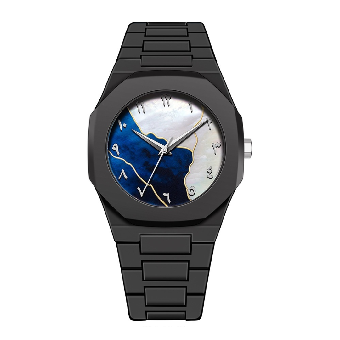 Black Arabic wristwatch with a blue and white face on a white background