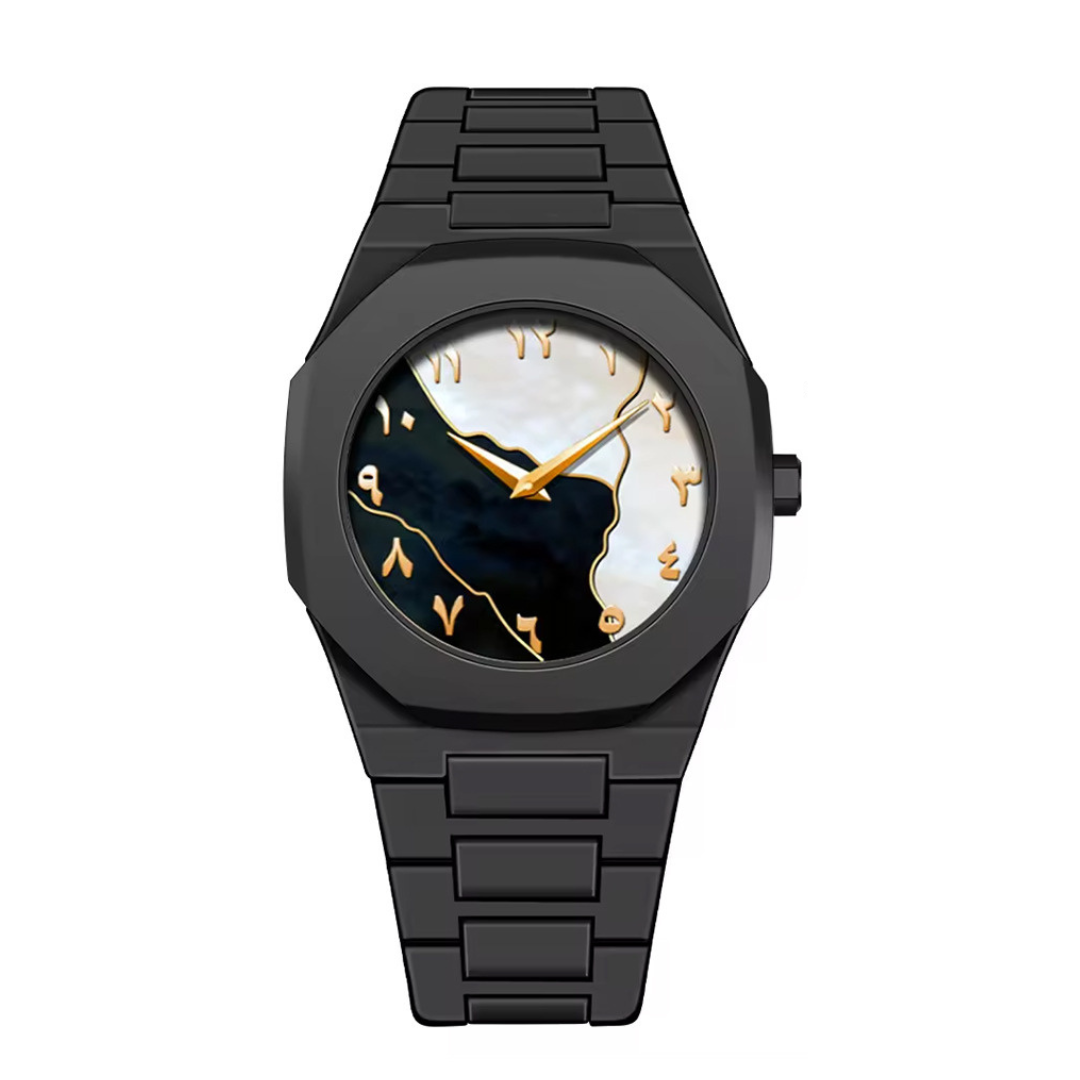 Black Arabic wristwatch with a unique face design on a white background