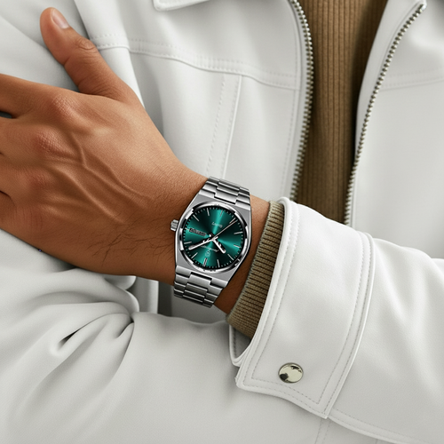 Hand wearing a silver watch with a green face on a white jacket background