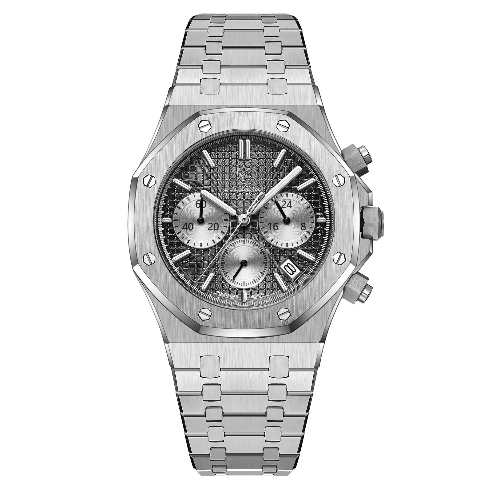 Silver watch with detailed face on a white background, featuring the Estamo brand logo.