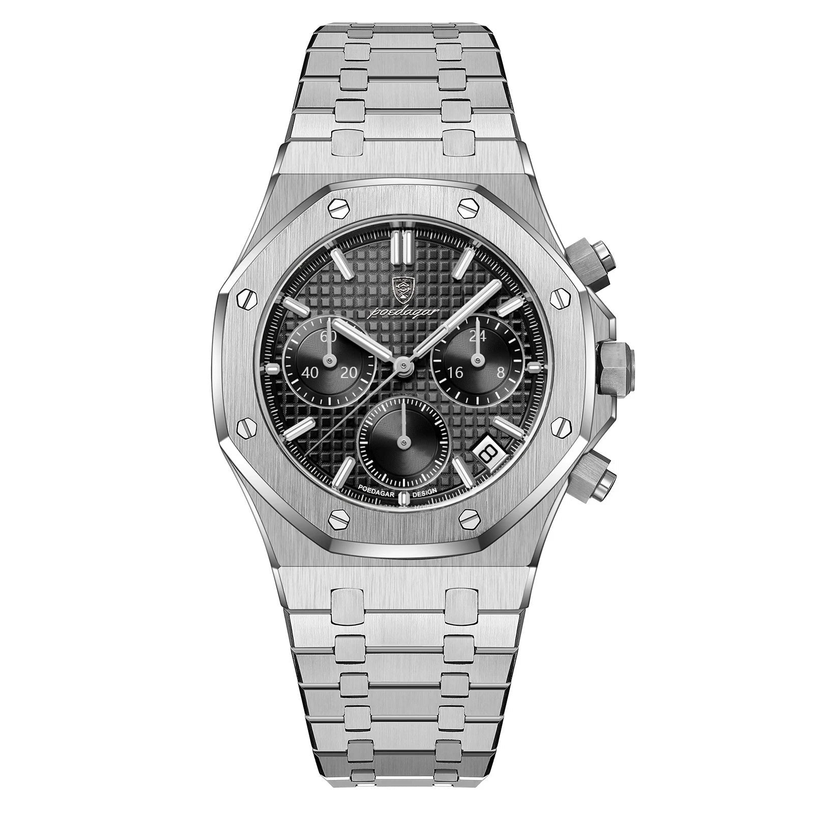 Silver watch with black face on a white background, featuring the Estamo brand logo.