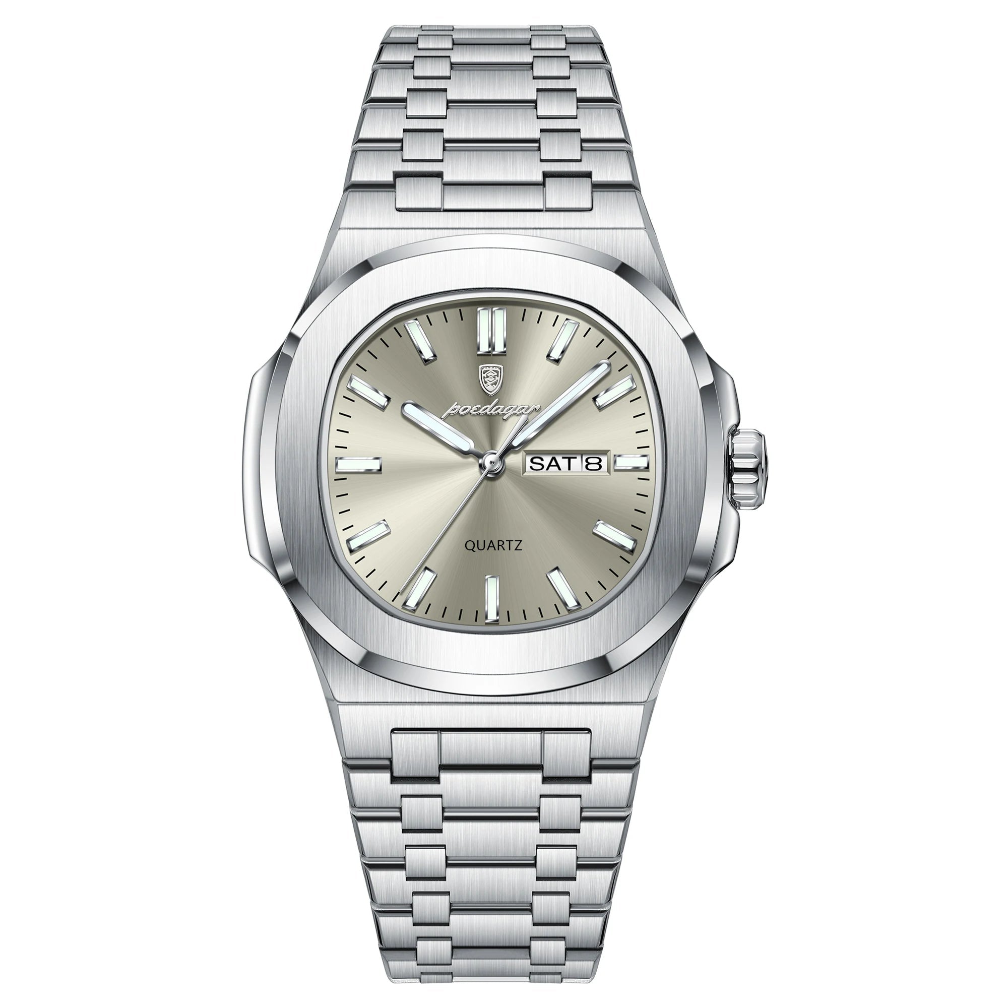 Silver watch with chrome dial on a white background, featuring the Estamo brand.