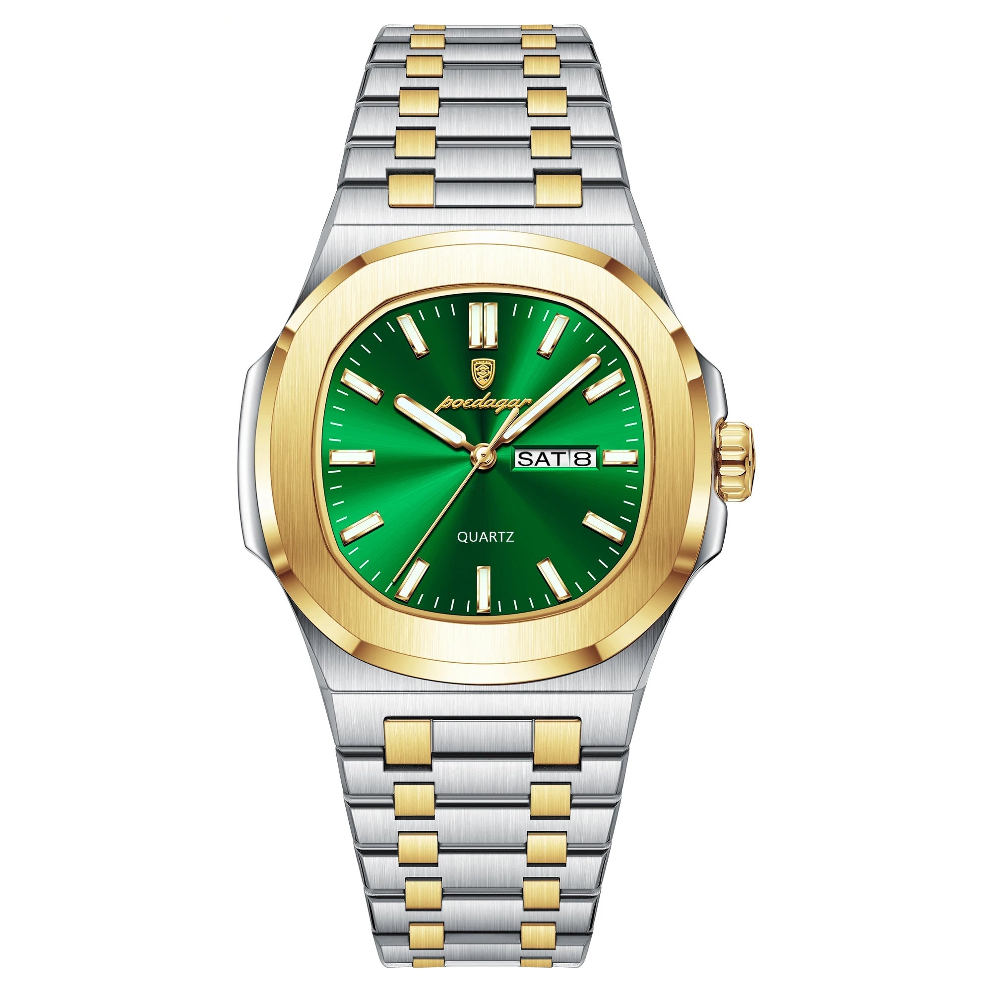 Gold and silver watch with green face on a white background, featuring the Estamo brand.