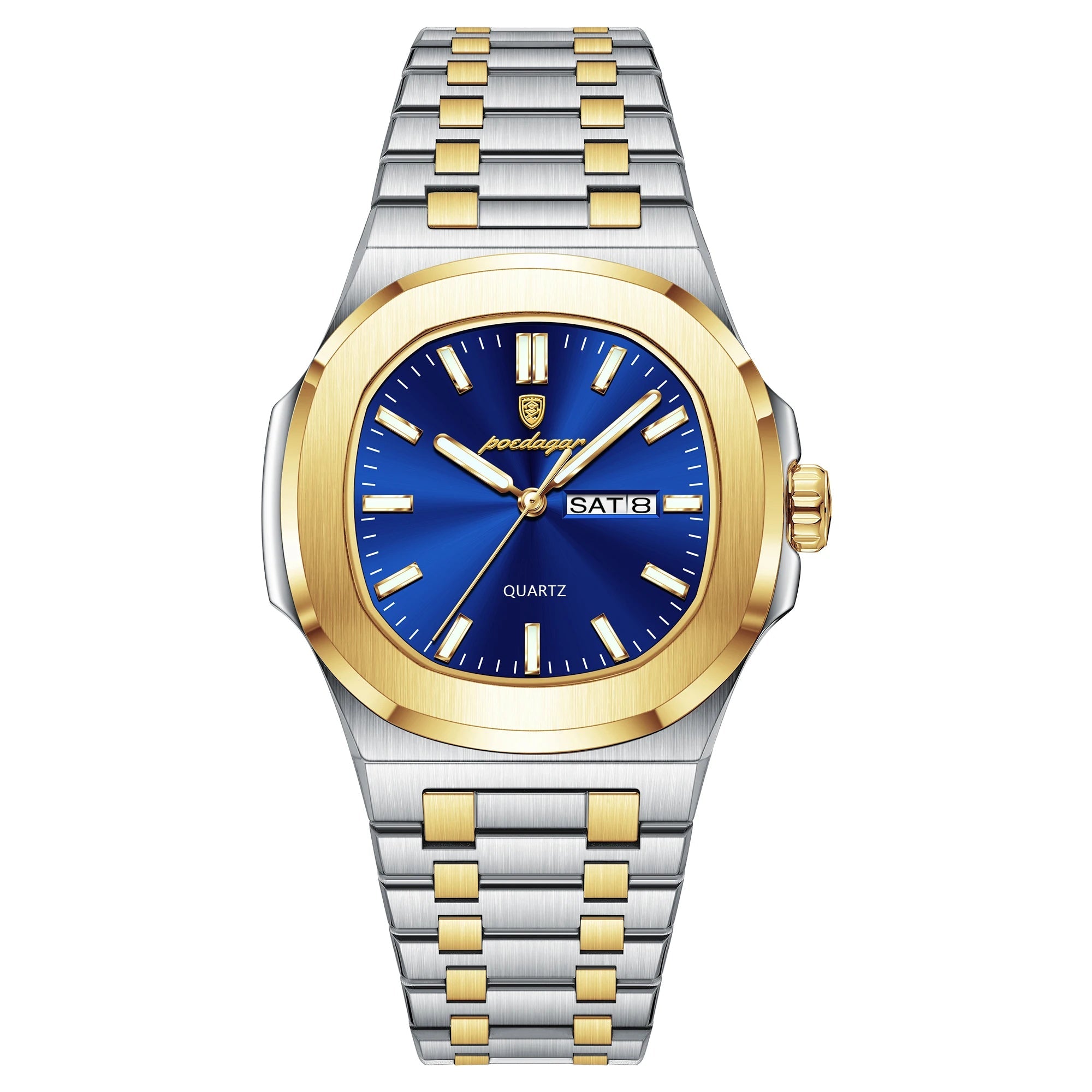 Gold and silver watch with blue face on a white background, featuring the Estamo brand.
