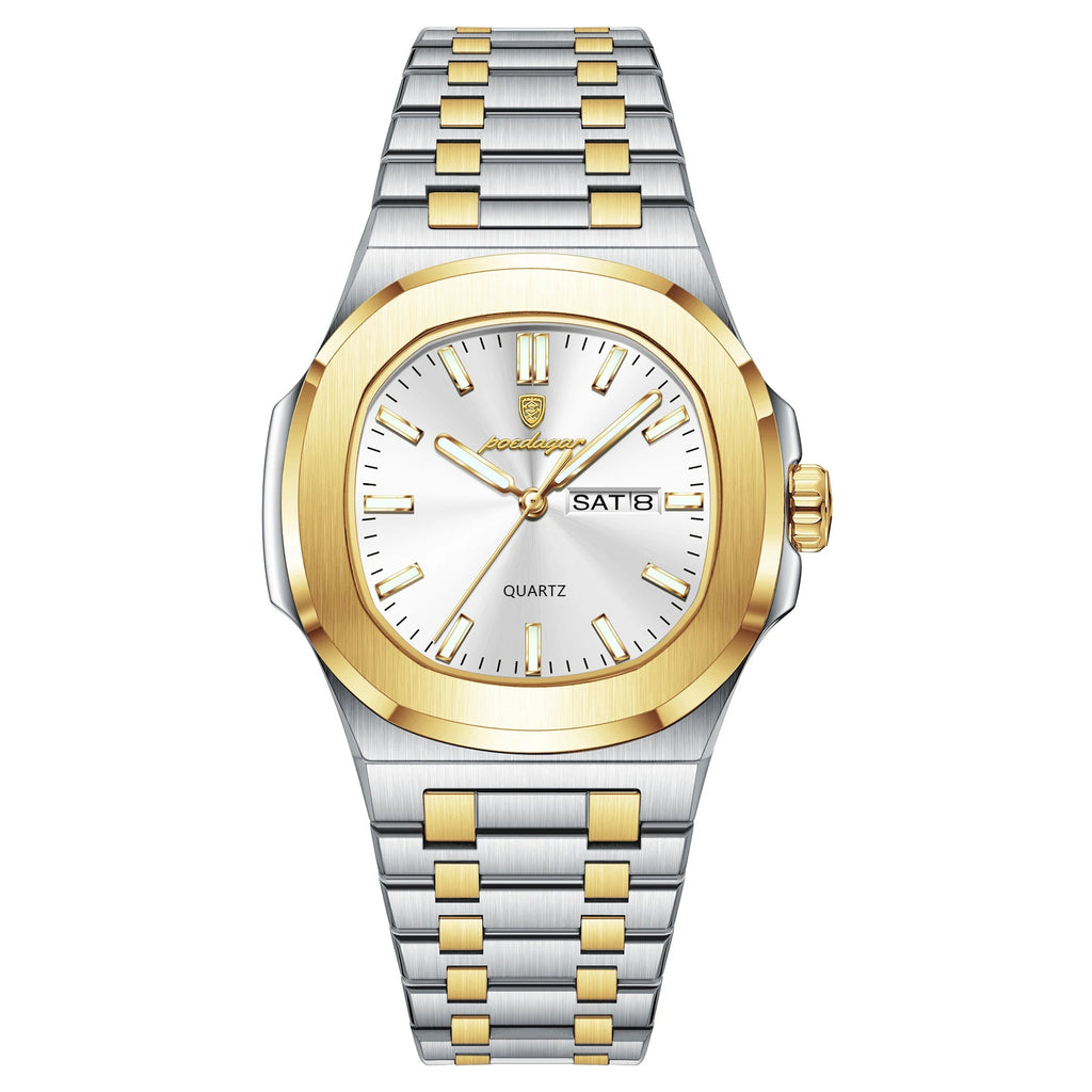 Gold and silver watch on a white background