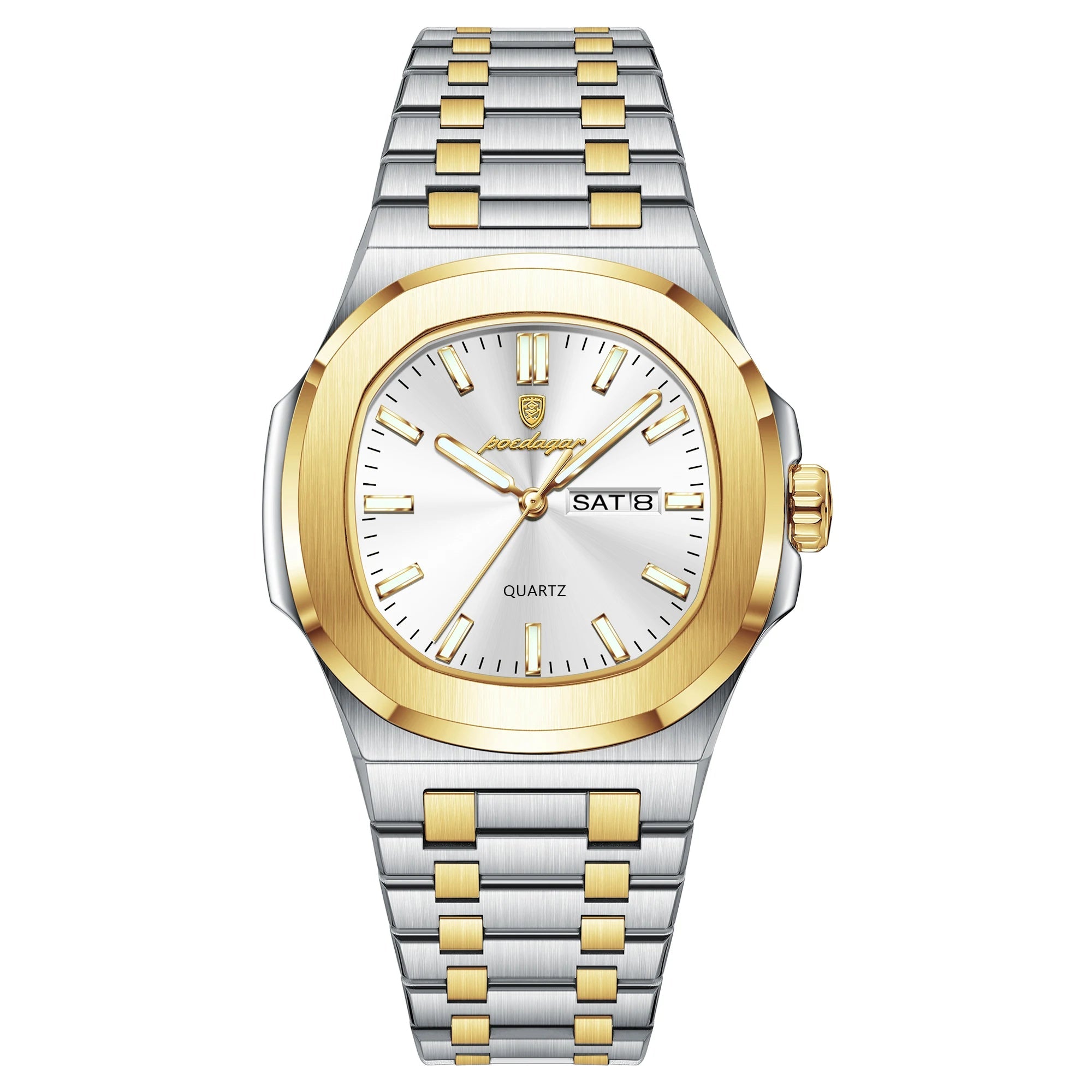Gold and silver watch on a white background