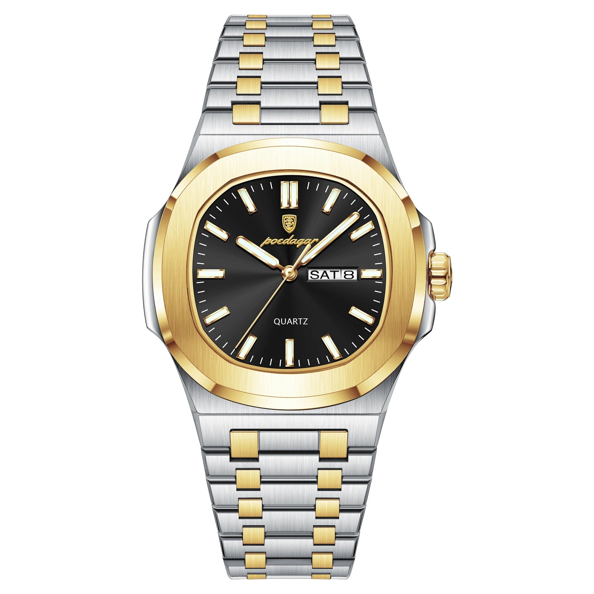 Gold and silver watch with black dial on a white background, featuring Estamo brand.