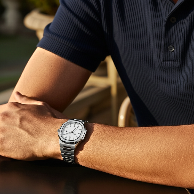 Person wearing a silver watch on a blurred outdoor background