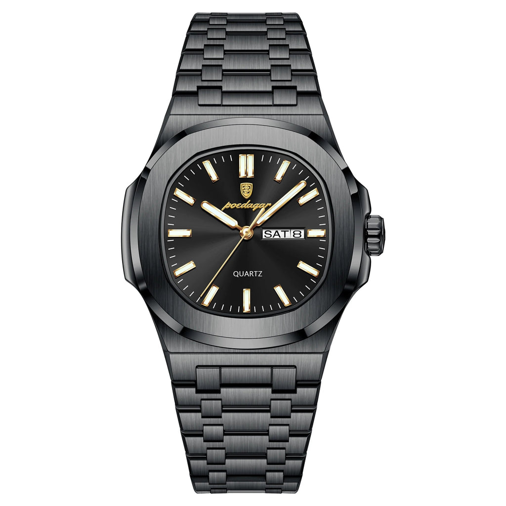 Black watch with gold accents on a white background, featuring the Estamo brand.