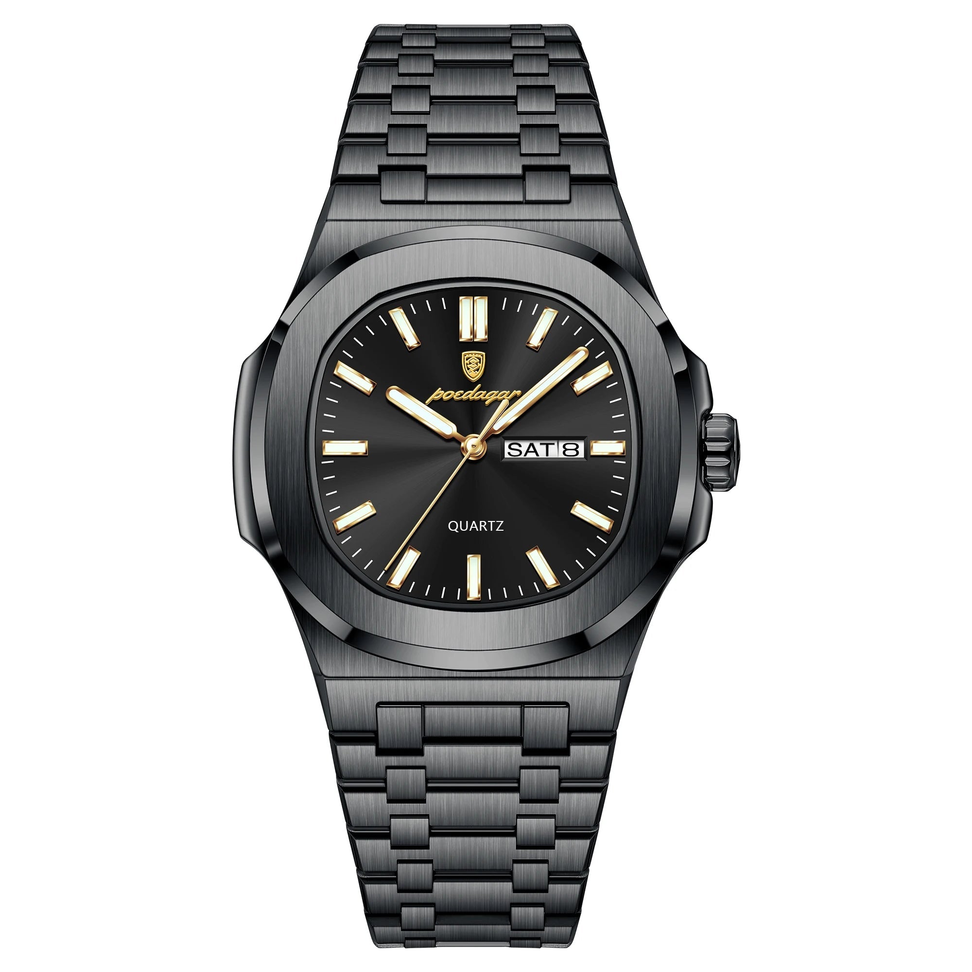 Black watch with gold accents on a white background, featuring the Estamo brand.