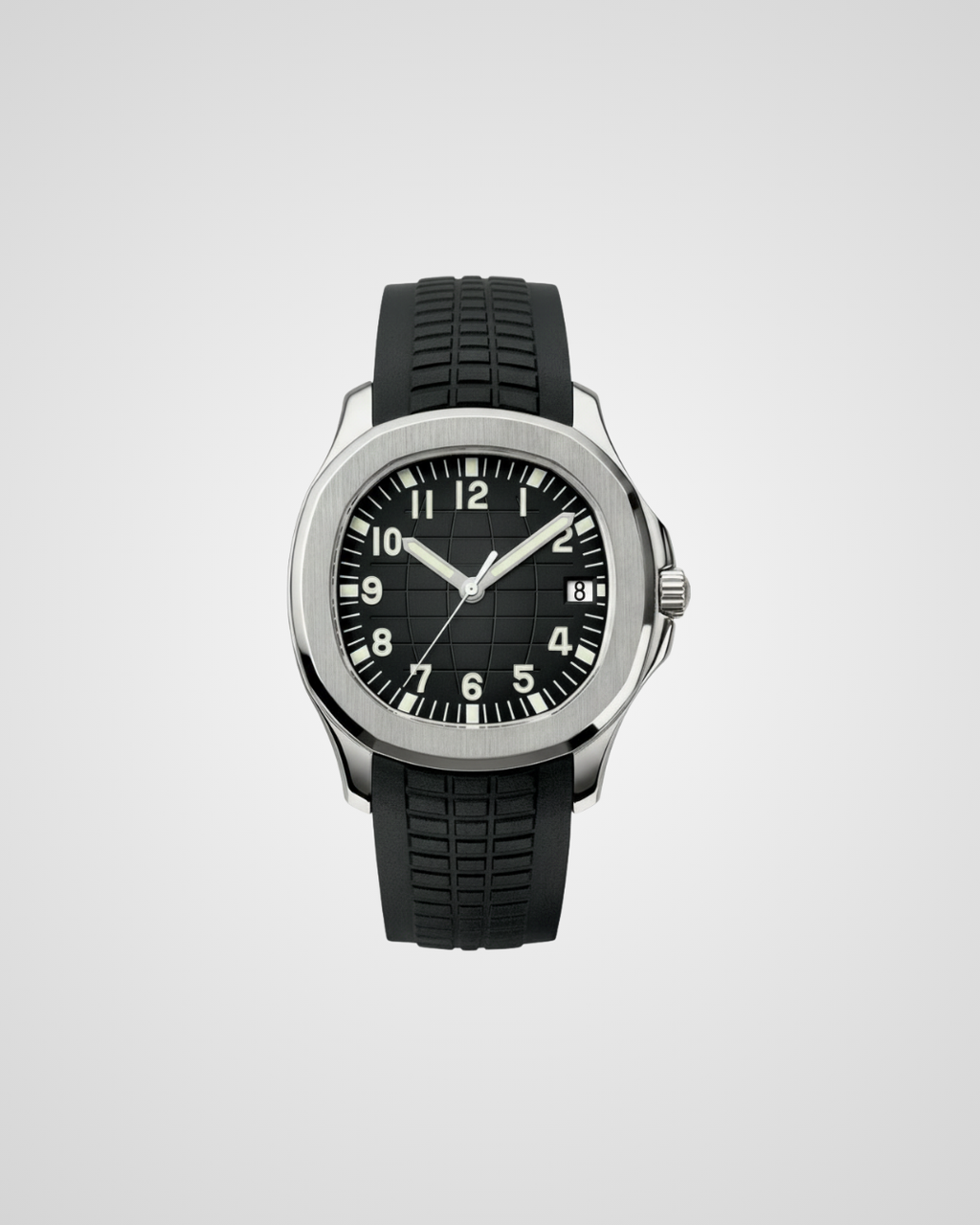 Black wristwatch with a silver case on a light gray background