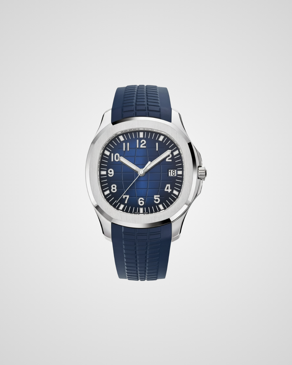 Blue watch with a silver case on a light gray background