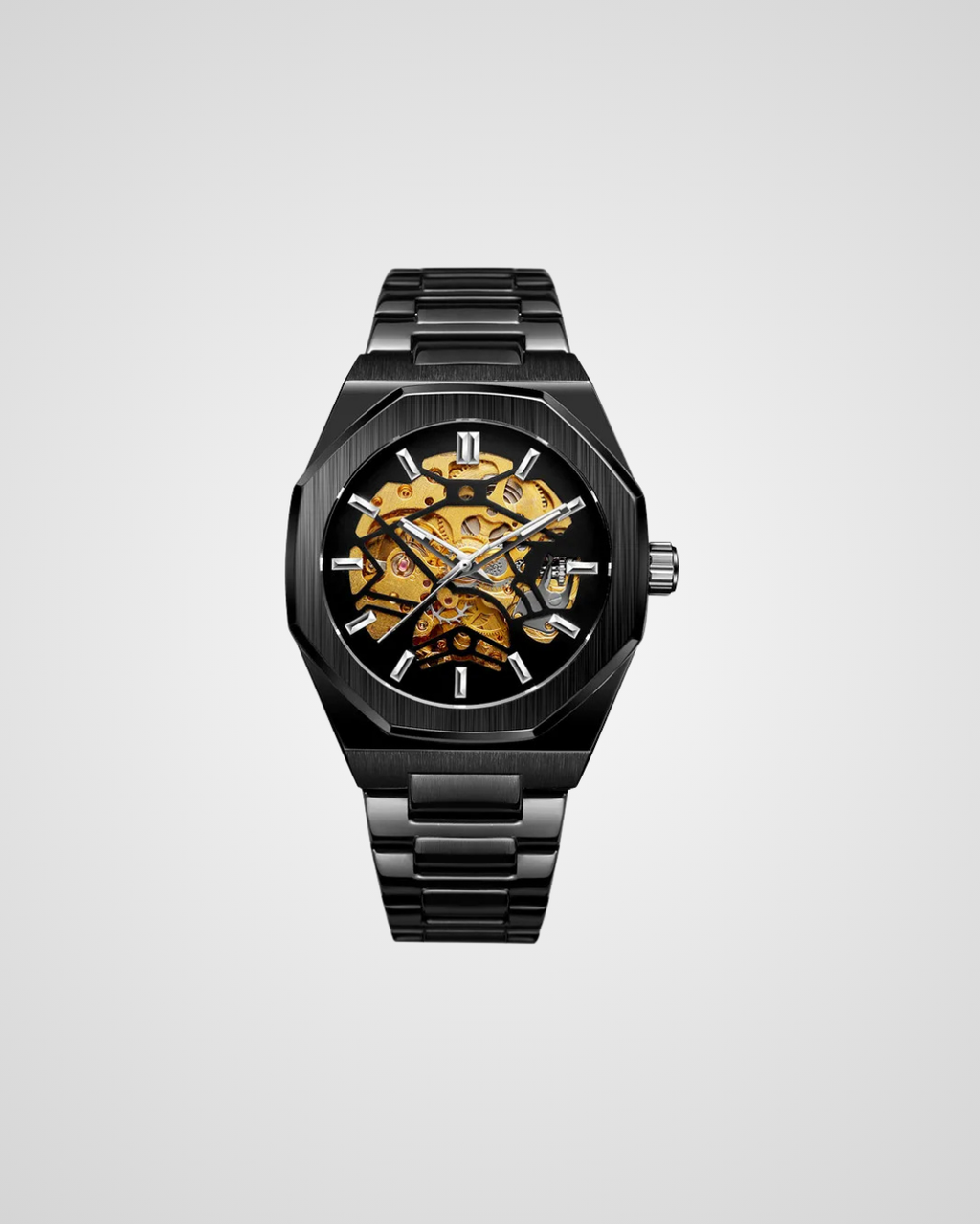 Black wristwatch with a detailed mechanical face on a light gray background
