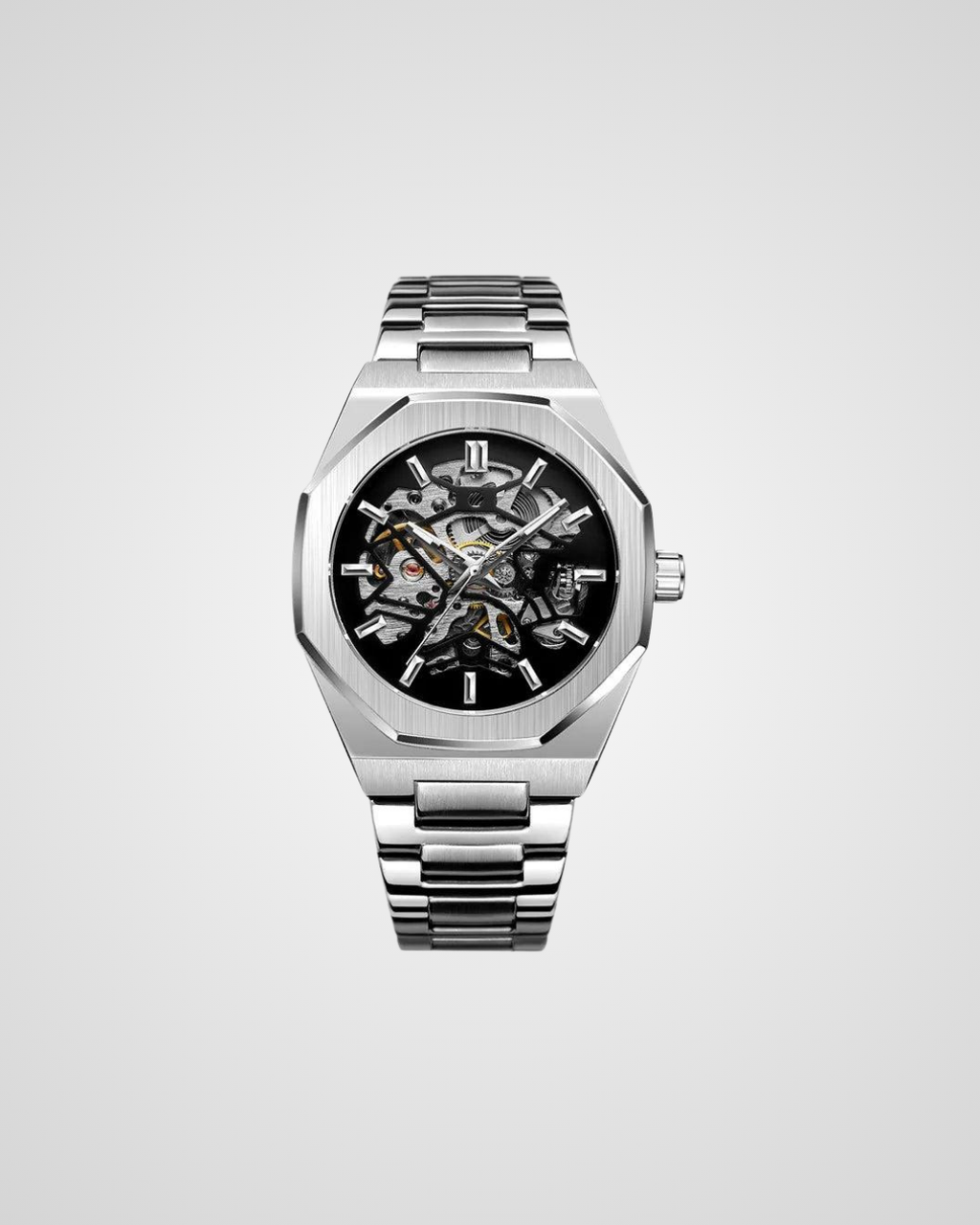 Silver watch with a black face on a light gray background