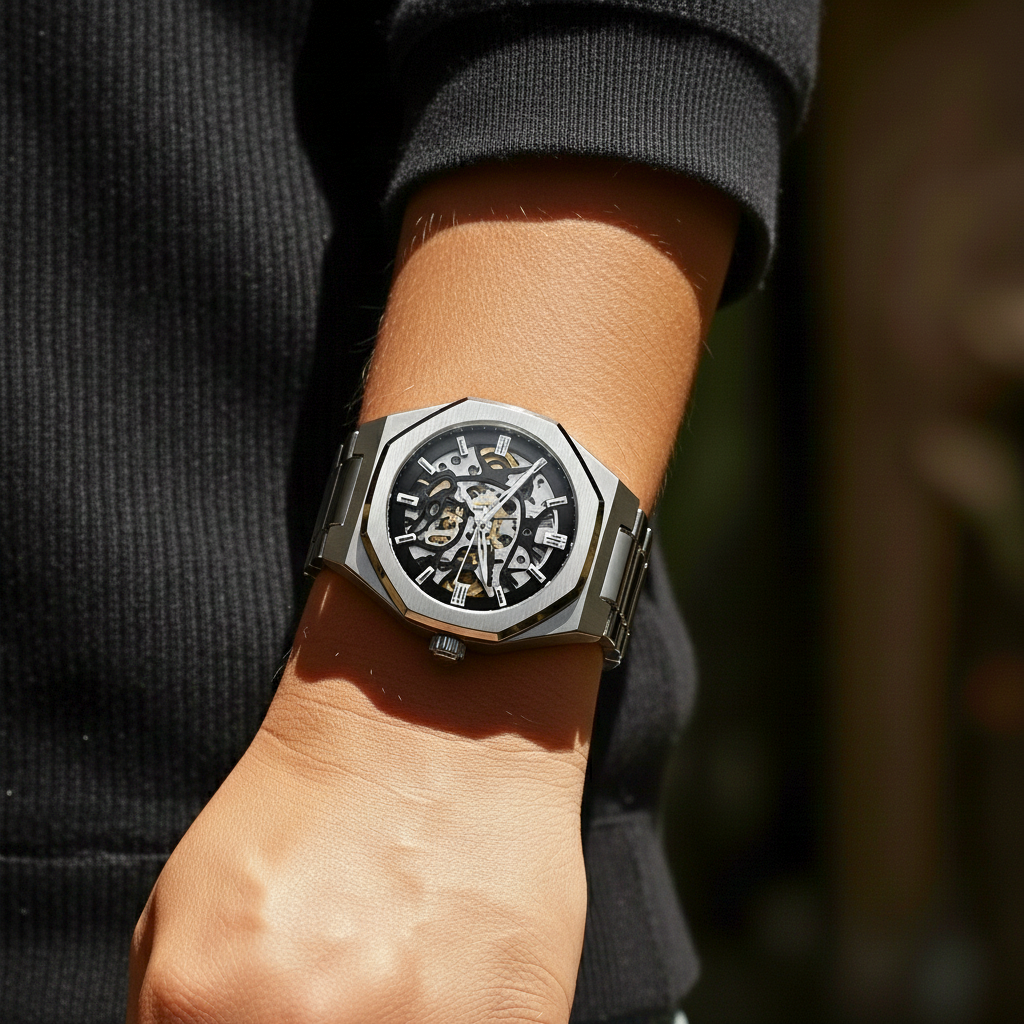 Close-up of a wrist wearing a silver watch with a detailed face.