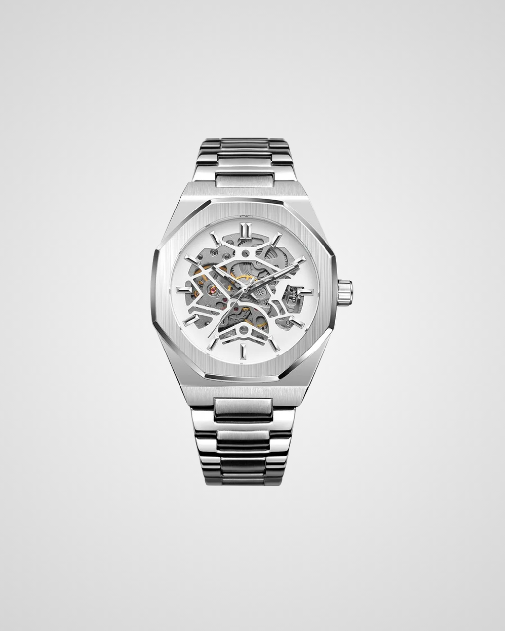 Silver watch with a detailed face on a light gray background