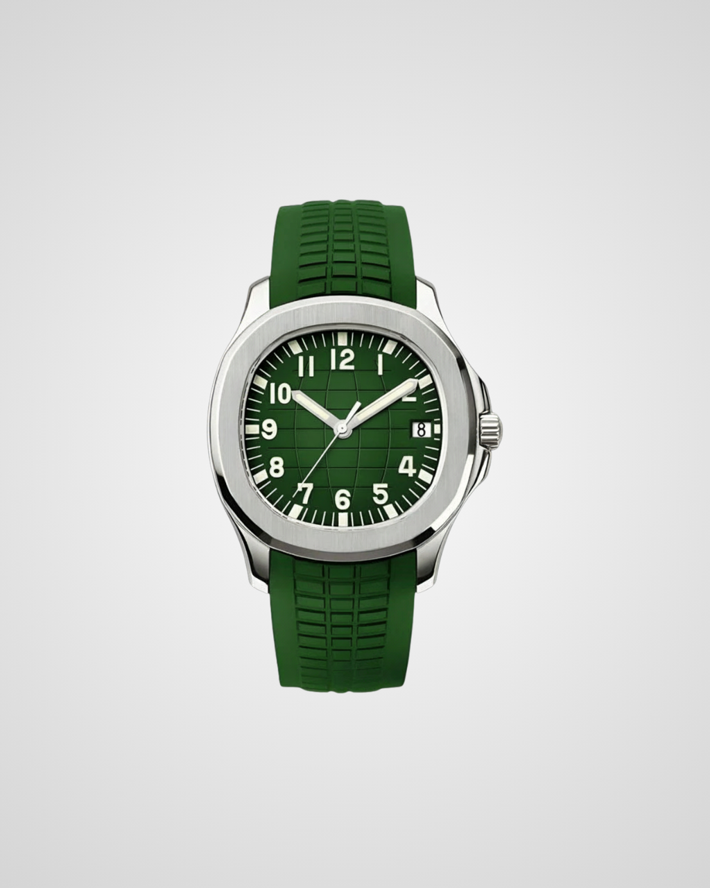 Green watch with a green strap on a light gray background