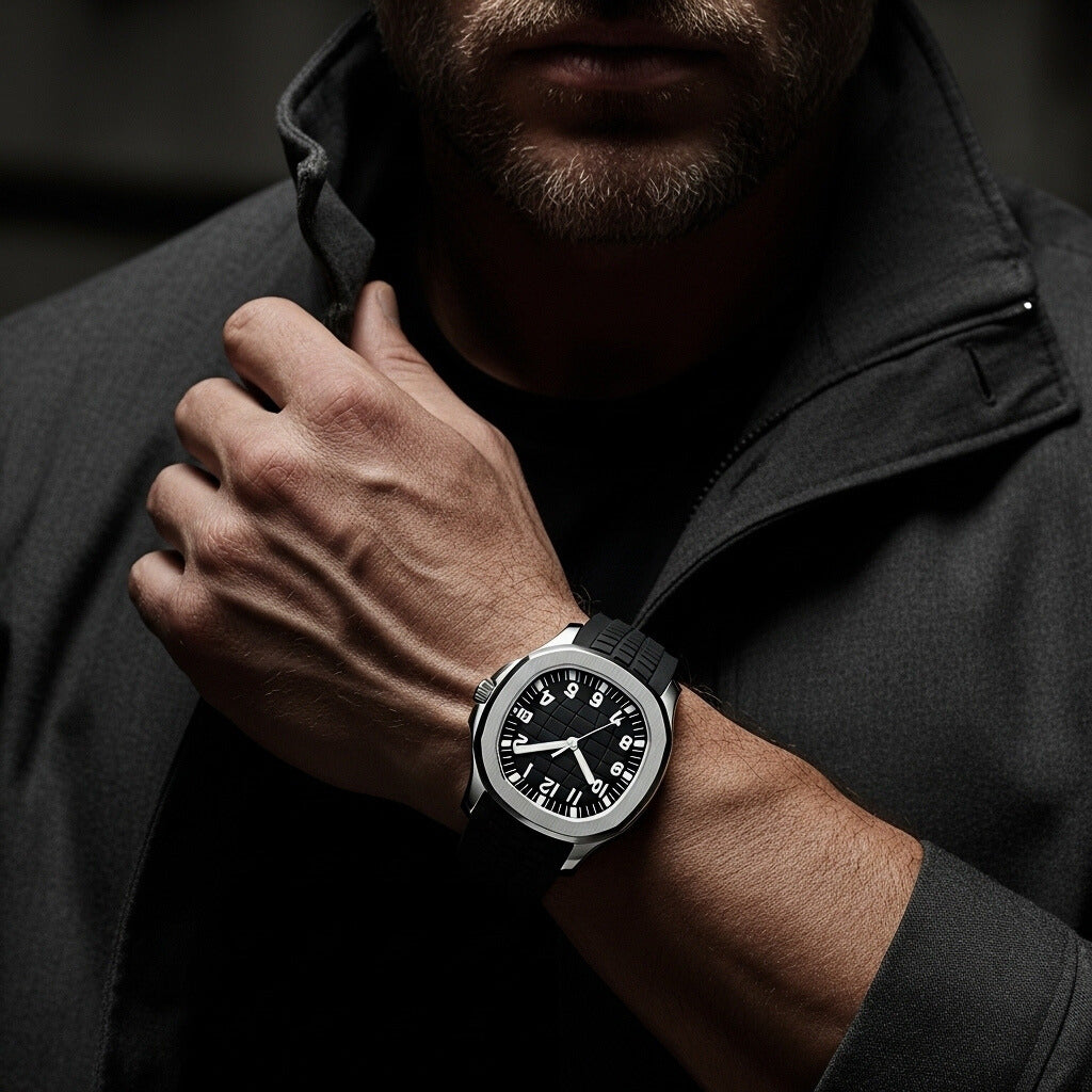 Man wearing a black wristwatch with a dark background