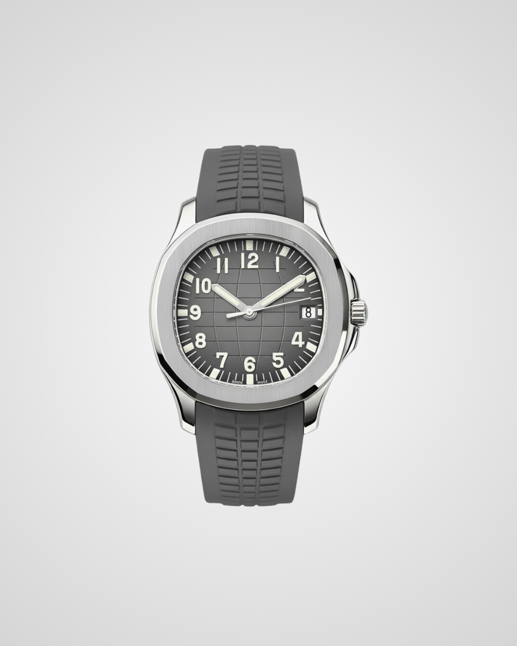 Watch with gray rubber strap and black dial on a light gray background