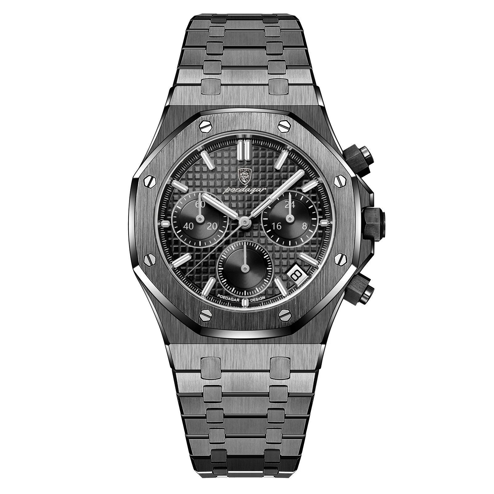 Silver watch with detailed face on a white background, featuring the Estamo brand.